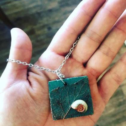 Wood Painted Snail Shell/ Leaf Pendent Necklace..
