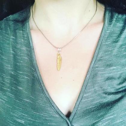 Feather (gold) Pendent On Chain Necklace / Minimal..