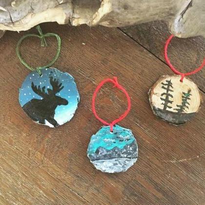 Set Of 3 Moose/pine/ Mountain Pine Hand Painted..
