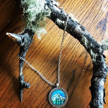 Mountain In Circle Frame Necklace, Wanderlust..
