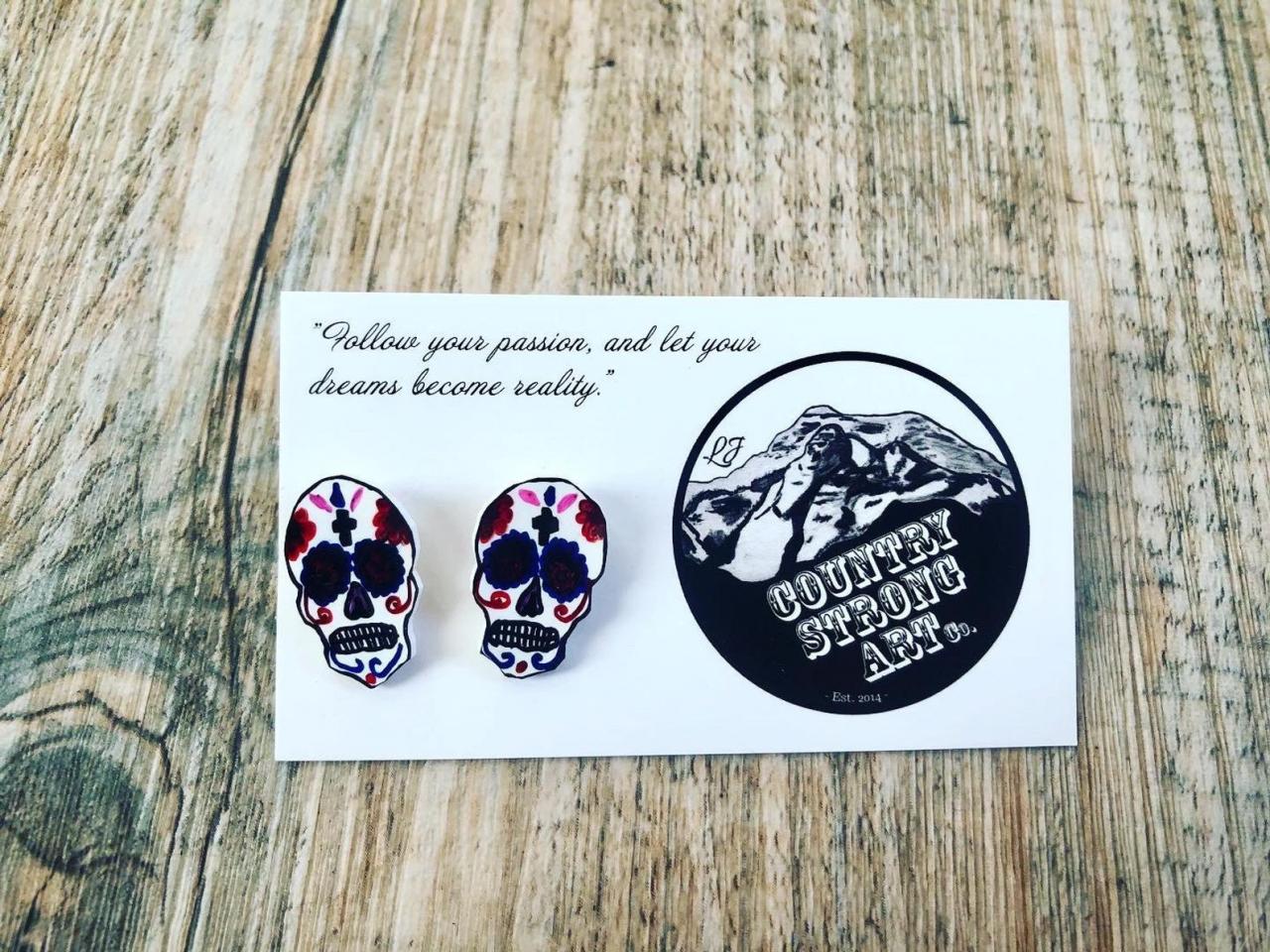 Mexican Sugar Skull Earrings, day of the dead studs, halloween studs- halloween jewlery, skull studs