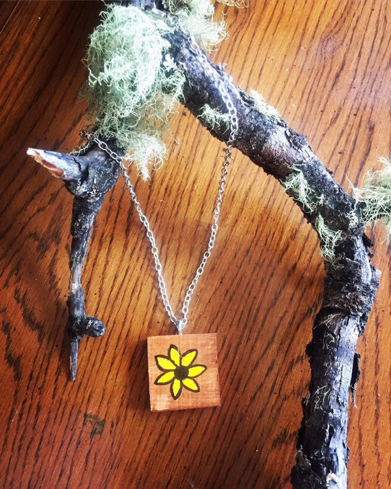 Minimalist Floral Necklace • Sunflower Rustic Necklace, Sunflower Necklace- Yellow Glower, Wood Pendant