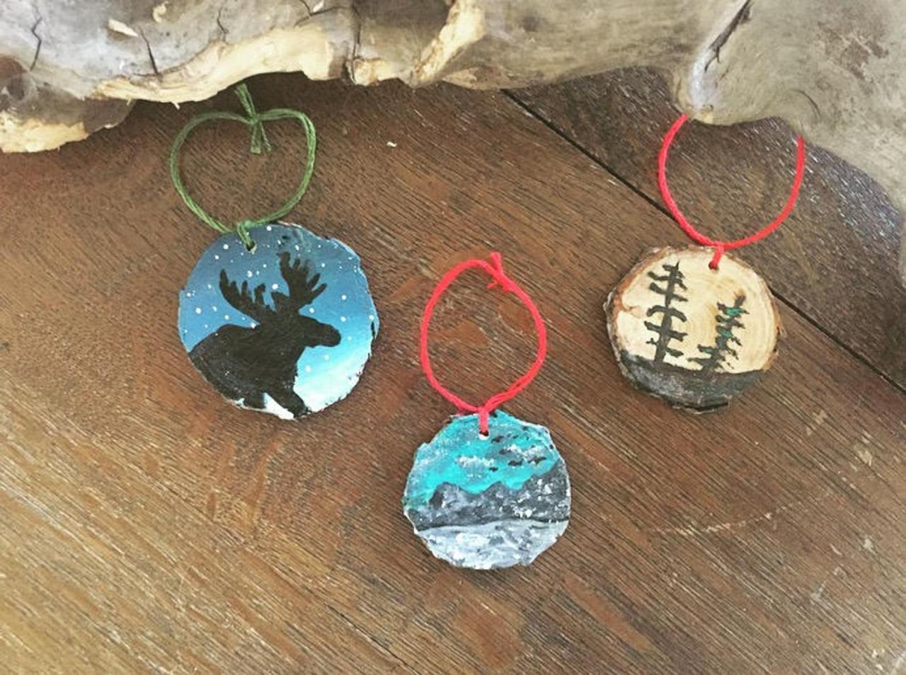 Set Of 3 Moose/pine/ Mountain Pine Hand Painted Ornaments