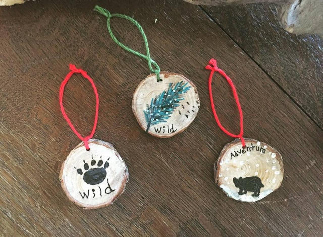 Wild Set of 3 Handpainted bear/Bear paw/ Feather pine Ornaments