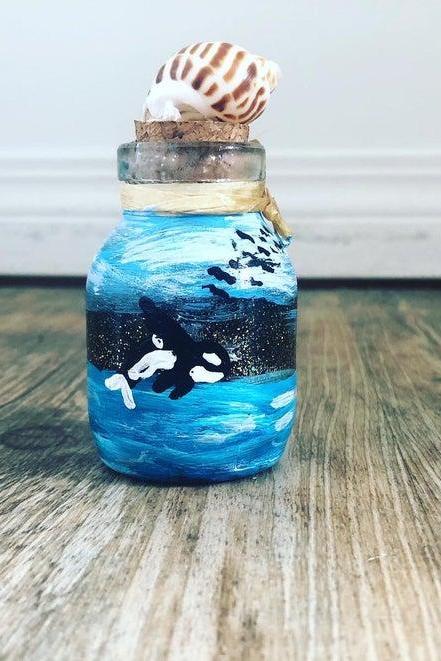 Hand painted Glass Bottle- Orca Painting- Orca decor- killer whale- messenger bottle