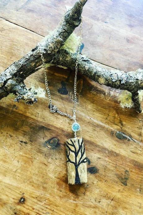 Tree Of Life Driftwood Painted Glass bead Pendent Necklace Tree of Life 4 Wooden Necklace for Women, Yoga Jewelry with Spiritual Meaning
