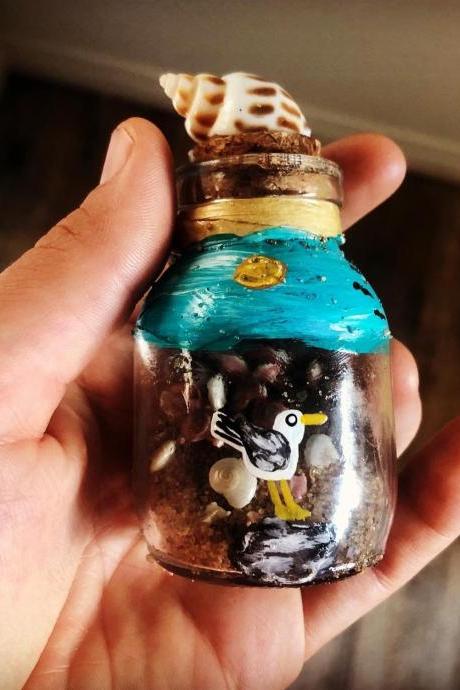 Beach in a Bottle , hand painted bottle, Beach in a Bottle Message in a Bottle, Sea Glass Decor, Sea Glass Necklace, , Gift for Girlfriend,
