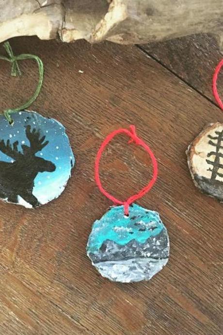 Set Of 3 Moose/pine/ Mountain Pine Hand Painted Ornaments