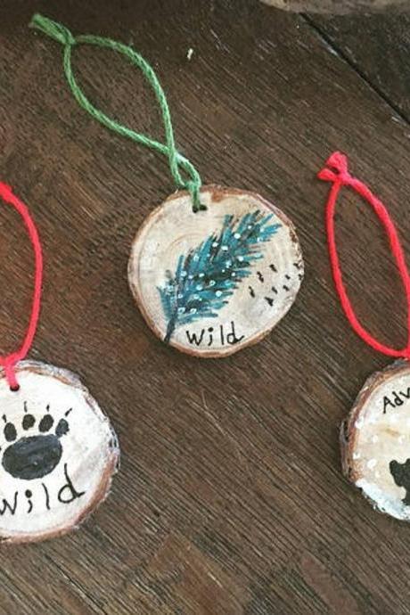 Wild Set Of 3 Handpainted Bear/bear Paw/ Feather Pine Ornaments